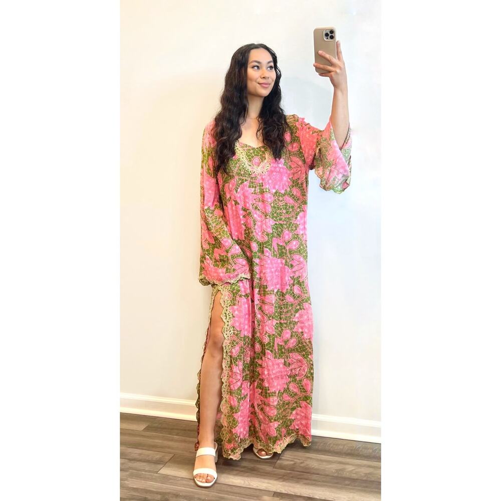 Hemant and Nandita Pakhi Kaftan Dress with Slip Lining Size XL Floral Side Slit - Picture 1 of 7
